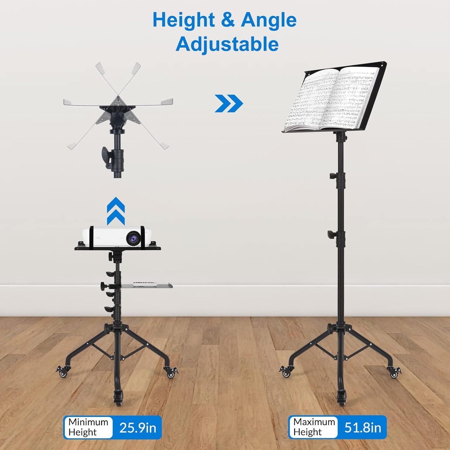 Metal PW5 Wheel Projector Tripod Stand, Laptop/Mobile stand, Portable Height up to 5 feet Tiltable Rolling Laptop with Phone Holder, DJ,Office Multi-Purpose