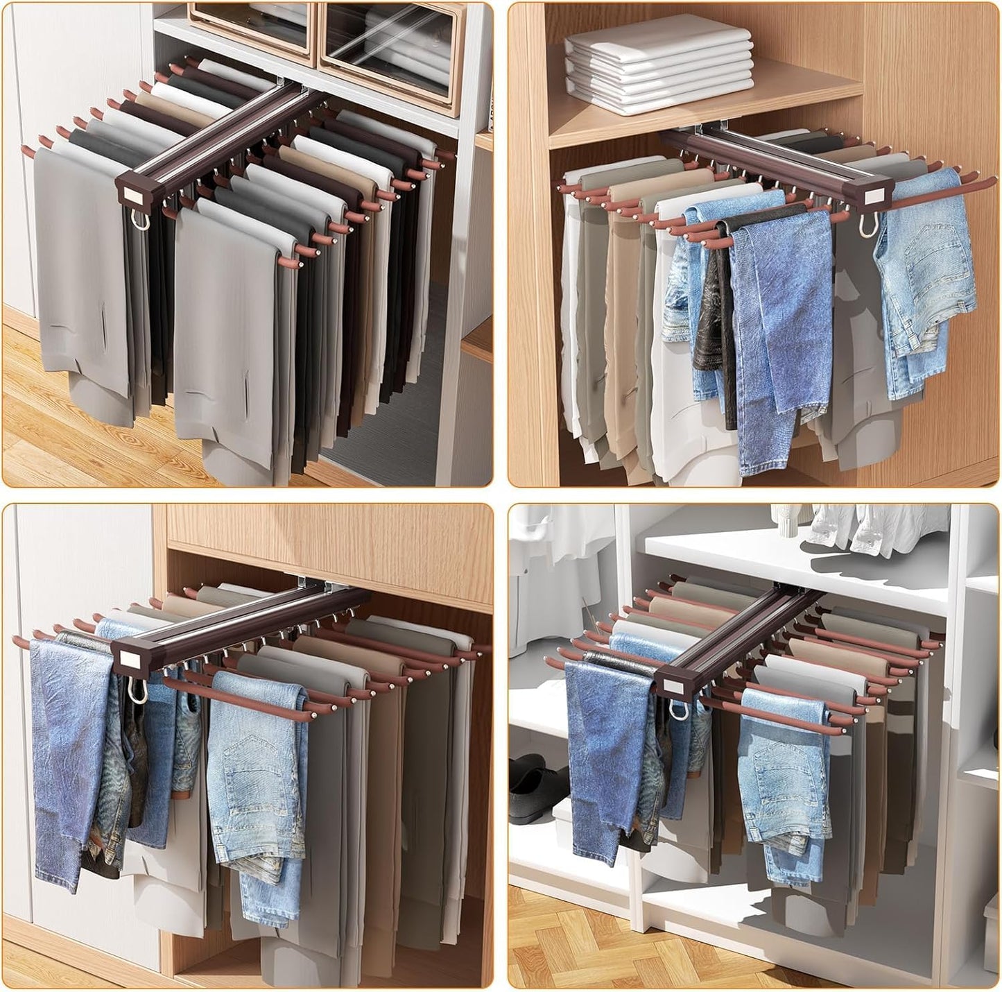 Pull-Out Pants Rack Organizer for Wardrobe, 20 Rod Sliding Trouser Hanger for Closet, Heavy Duty Space Saving Jeans & Pants Holder with Smooth Slide Rail, Grey Wardrobe Organizer