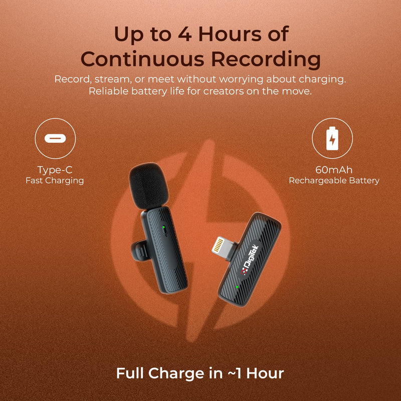 Digitek® (DWM-007 PRO) Wireless Microphone & Receiver with Lightning Connector, 2.4GHz Frequency, 4Hr Battery, 20m Range, Compatible with iPhone & iPad