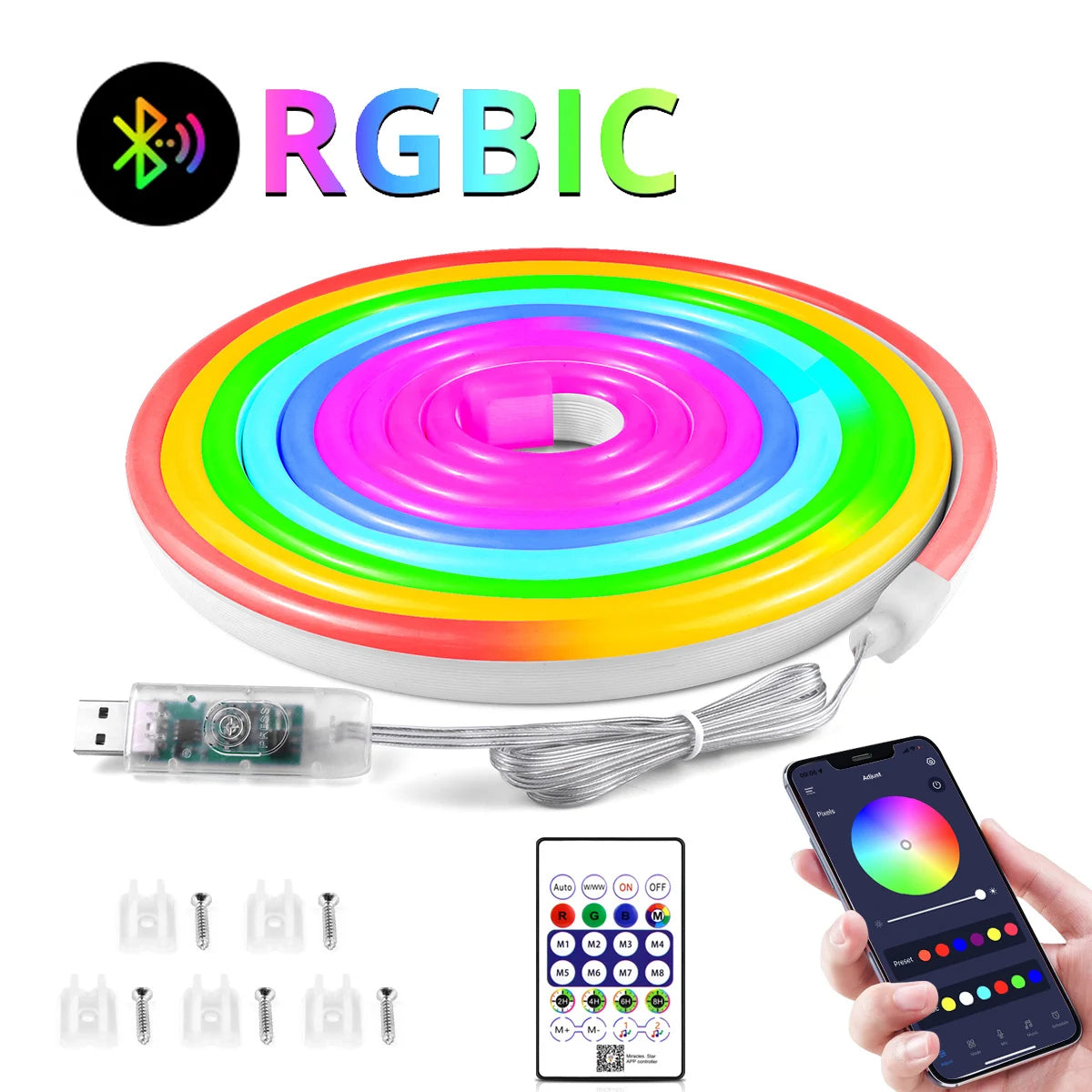 YUGAM DC5V USB RGBIC 5M Smart Neon LED Strip Light, Waterproof Rope, Music Sync DIY Sign Tape Controlled Bluetooth by APP (5M Smart NEON USB)