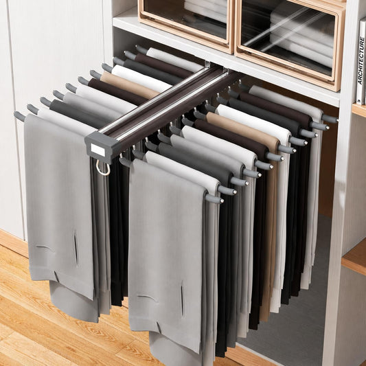 Pull-Out Pants Rack Organizer for Wardrobe, 20 Rod Sliding Trouser Hanger for Closet, Heavy Duty Space Saving Jeans & Pants Holder with Smooth Slide Rail, Grey Wardrobe Organizer
