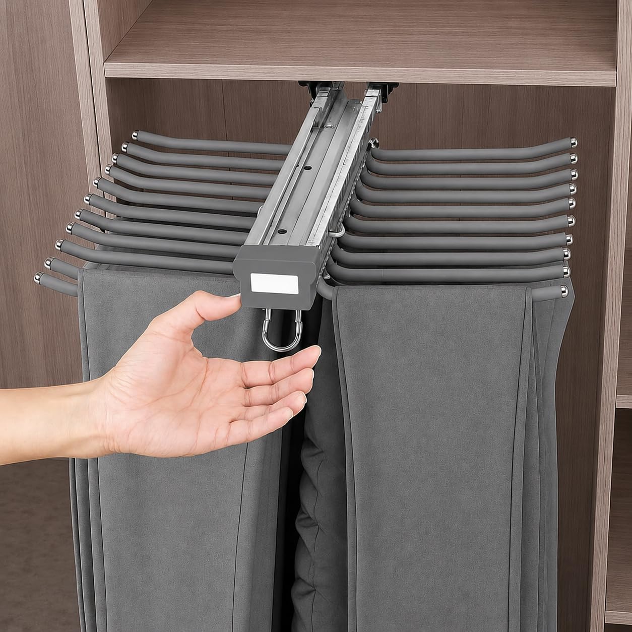 Pull-Out Pants Rack Organizer for Wardrobe, 20 Rod Sliding Trouser Hanger for Closet, Heavy Duty Space Saving Jeans & Pants Holder with Smooth Slide Rail, Grey Wardrobe Organizer
