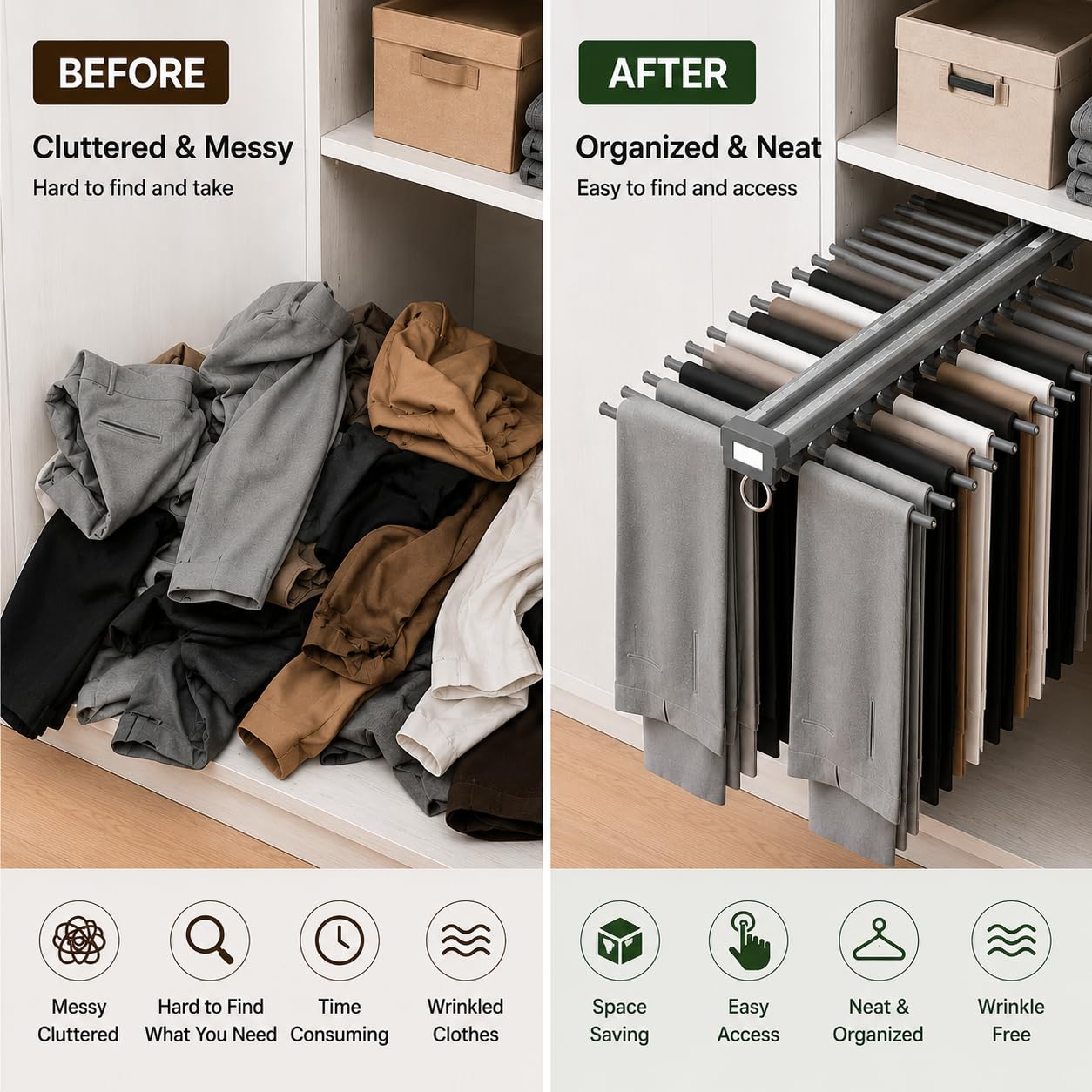 Pull-Out Pants Rack Organizer for Wardrobe, 20 Rod Sliding Trouser Hanger for Closet, Heavy Duty Space Saving Jeans & Pants Holder with Smooth Slide Rail, Grey Wardrobe Organizer
