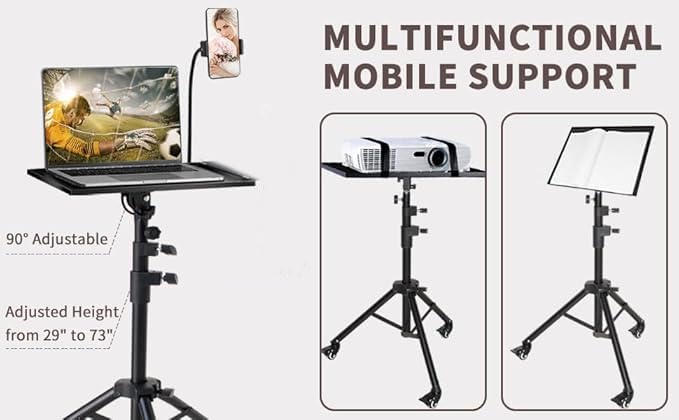 Metal PW5 Wheel Projector Tripod Stand, Laptop/Mobile stand, Portable Height up to 5 feet Tiltable Rolling Laptop with Phone Holder, DJ,Office Multi-Purpose