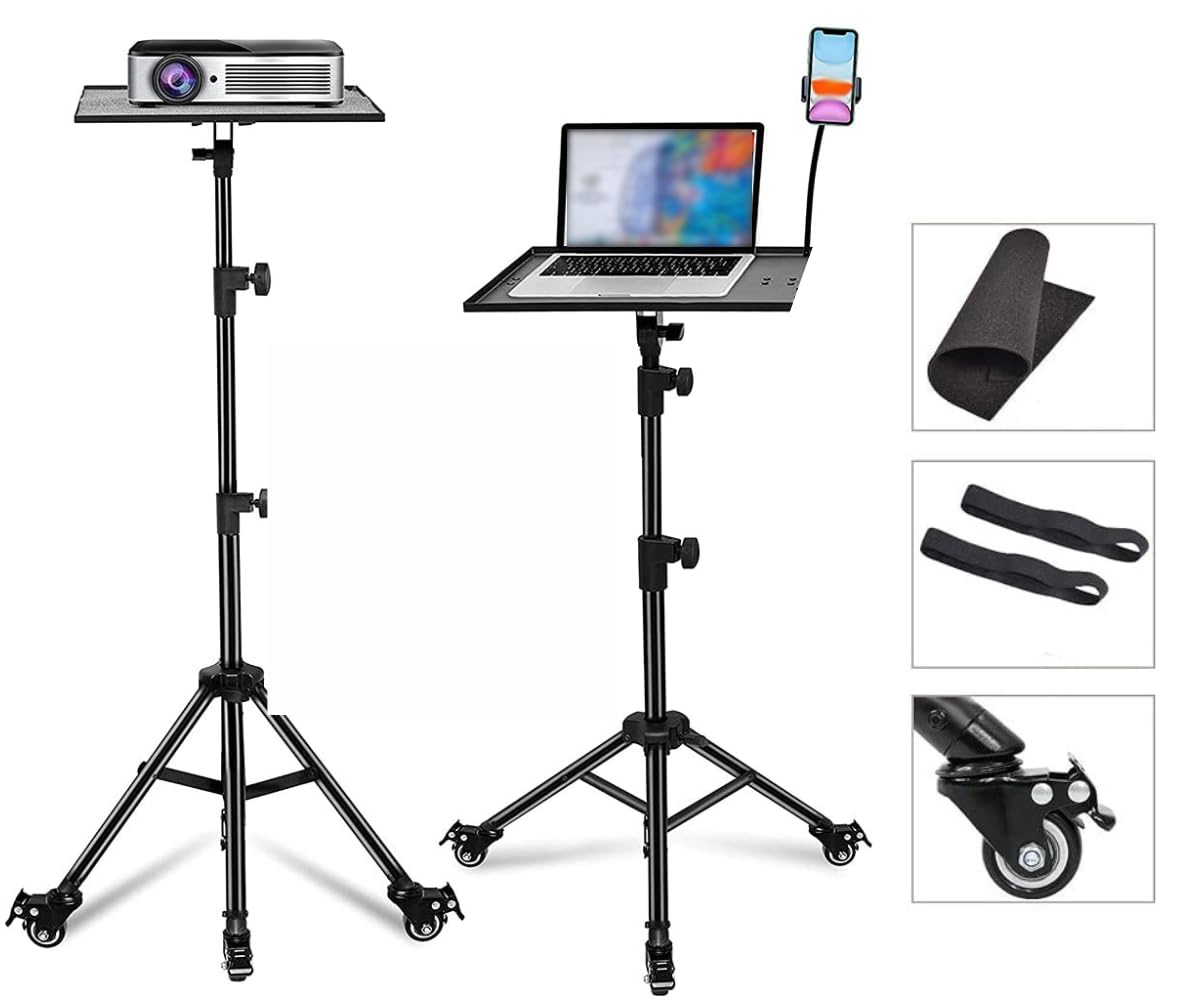 Metal PW5 Wheel Projector Tripod Stand, Laptop/Mobile stand, Portable Height up to 5 feet Tiltable Rolling Laptop with Phone Holder, DJ,Office Multi-Purpose
