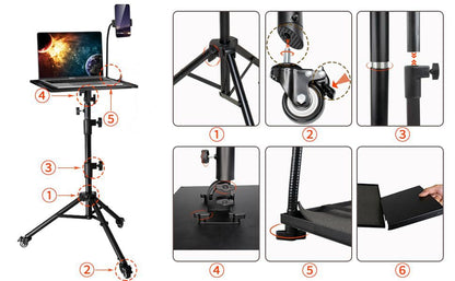 Metal PW5 Wheel Projector Tripod Stand, Laptop/Mobile stand, Portable Height up to 5 feet Tiltable Rolling Laptop with Phone Holder, DJ,Office Multi-Purpose