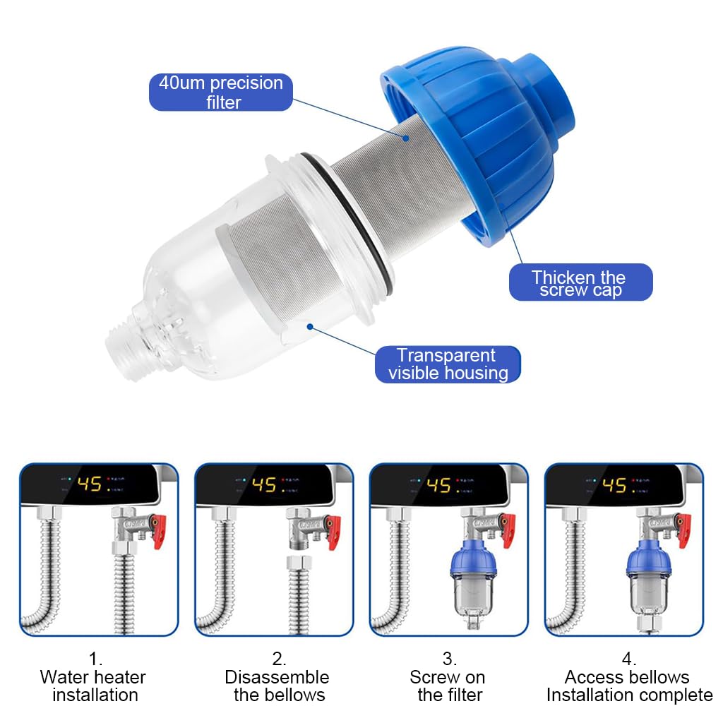 Household Water Heater Inlet Filter with 316 Stainless Steel Mesh | 40 Micron Fine Filter | 2.2 cm Inner Diameter | Anti-Rust Pre-Filter for Water Heater, Washing Machine & Under Sink