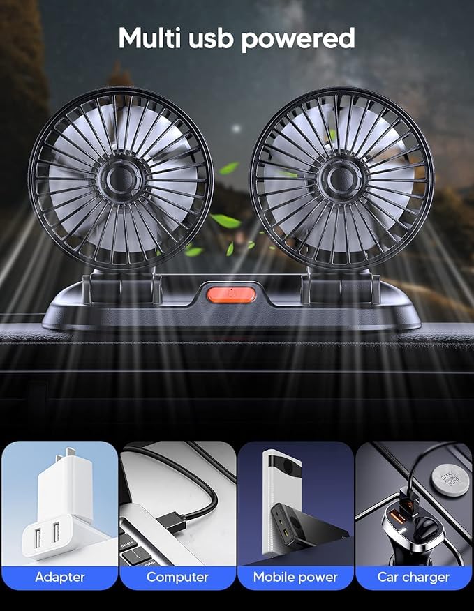 YUGAM USB Car Fan, Dual Head 360-Degree Rotatable, 3-Speed Dashboard Fan with Nano-Adhesive Base (Dual Head Usb Car Fan)