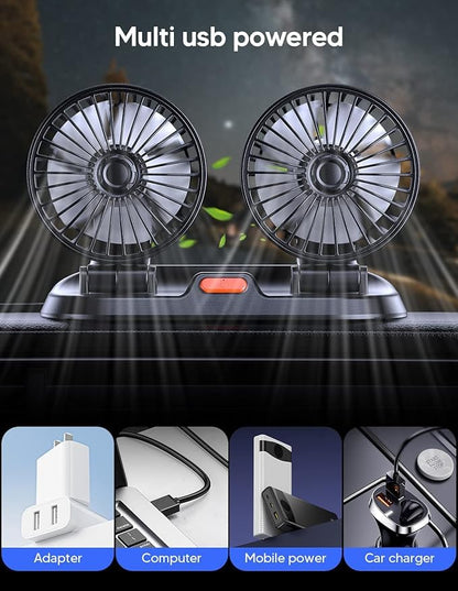 YUGAM USB Car Fan, Dual Head 360-Degree Rotatable, 3-Speed Dashboard Fan with Nano-Adhesive Base (Dual Head Usb Car Fan)
