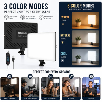 11-Inch USB LED Panel Light for Video, Dimmable, 3 Color Modes Adjustable Brightness for YouTube, Live Streaming, Makeup and Product Shoots