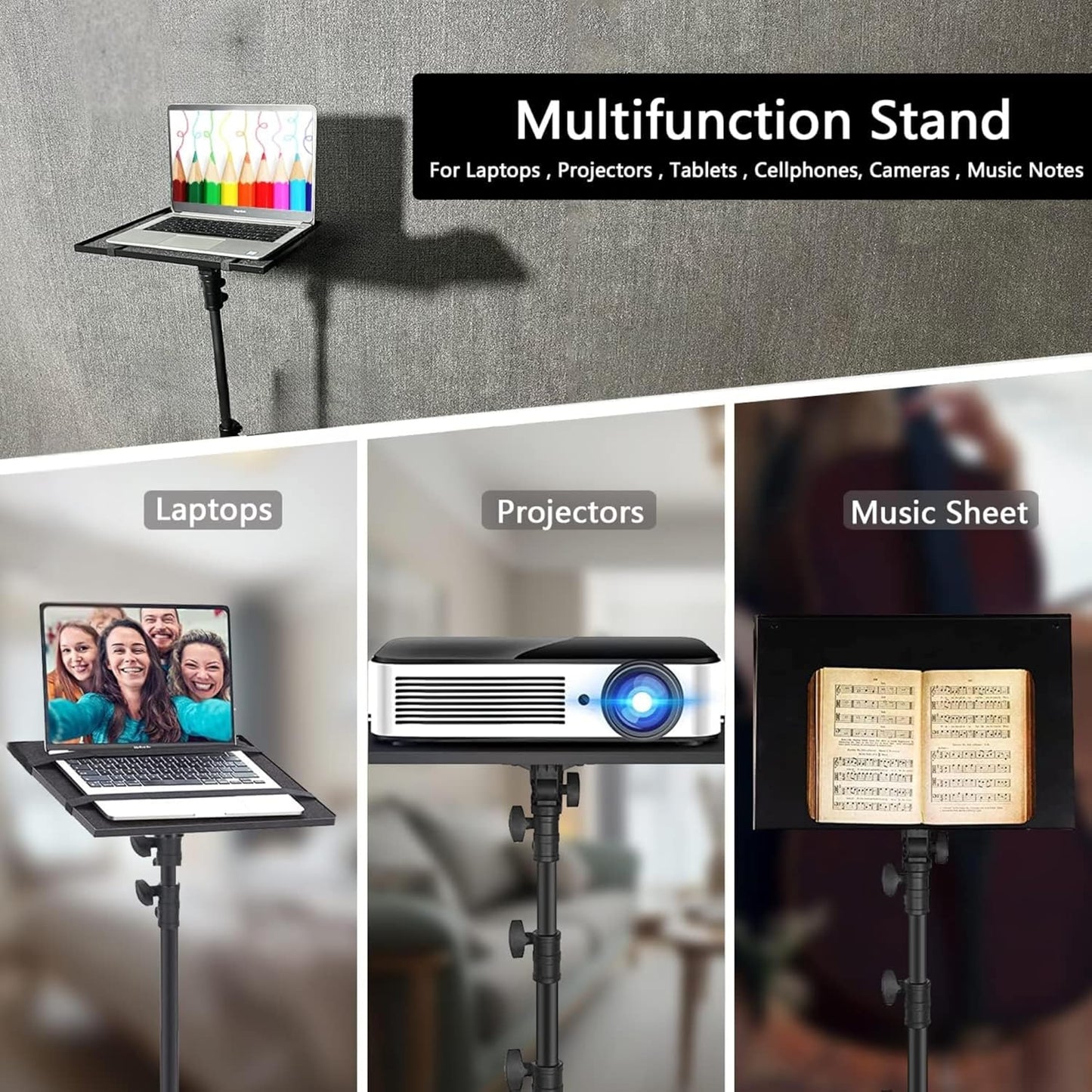 6FT Heavy Duty Projector Tripod Stand with Wheels, Adjustable Laptop Floor Stand with Tray, Rolling Projector Stand for Laptop, Projector, Tablet, DJ Equipment, Online Meetings, Live Streaming