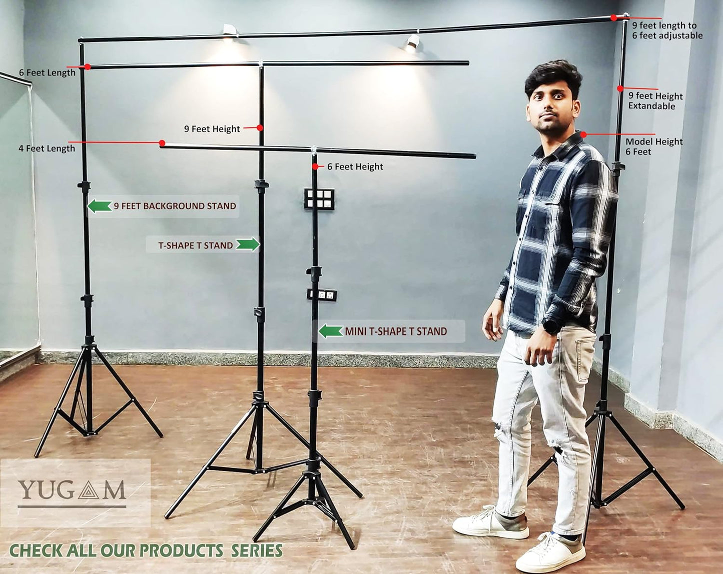 Yugam� Photography T-Shaped Background Stand,6ft Wide 9ft Tall Adjustable Support Photo Studio with 2 Clip(T Stand Only)