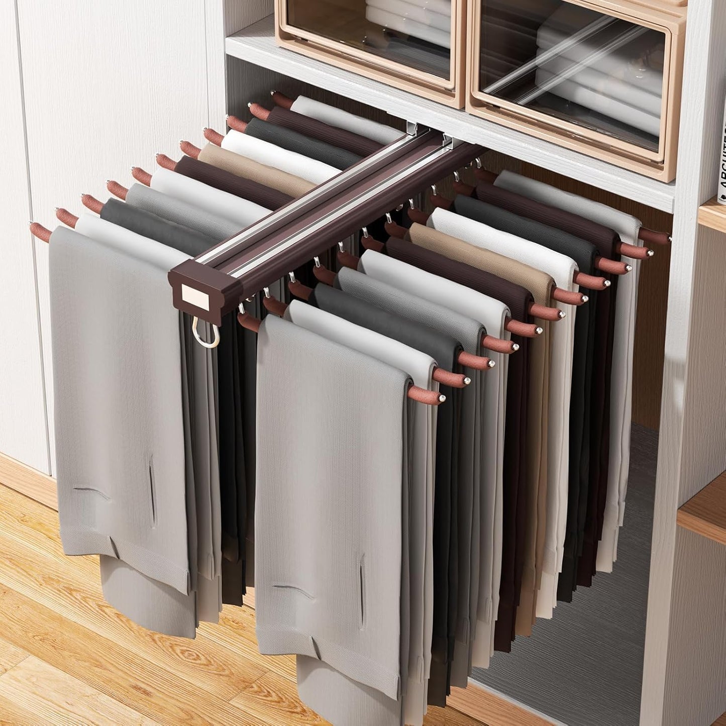 Pull-Out Pants Rack Organizer for Wardrobe, 20 Rod Sliding Trouser Hanger for Closet, Heavy Duty Space Saving Jeans & Pants Holder with Smooth Slide Rail, Grey Wardrobe Organizer