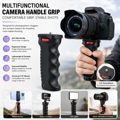 YUGAM Multifunctional Camera Handle Grip, Handheld Stabilizer with Universal 1/4" Screw Mount & Threaded Hole, Anti-Slip Camera Support Handle for DSLR, Mirrorless Camera, Camcorder, Smartphone, Action Camera, LED Light