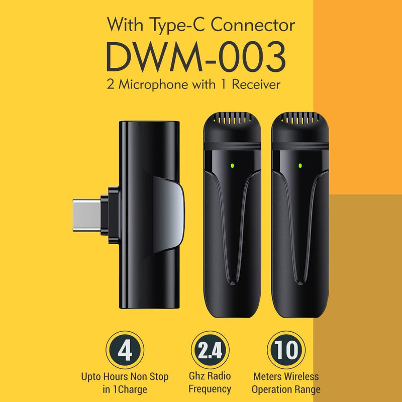 Digitek (DWM 003) Wireless Microphone with Receiver Set, 2 Mics + 1 Receiver, Type C Connector, 4 Hours Continuous Use