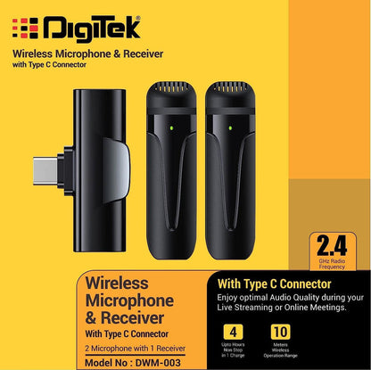 Digitek (DWM 003) Wireless Microphone with Receiver Set, 2 Mics + 1 Receiver, Type C Connector, 4 Hours Continuous Use