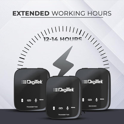 Digitek® (DWM 101) Wireless Microphone System with ANC Noise Reduction, 360° Sound Capture, 100M Range, Upto 12 Hrs Working Time, for DSLR Camera, Android & iOS Smartphones, Seamless Audio Recording