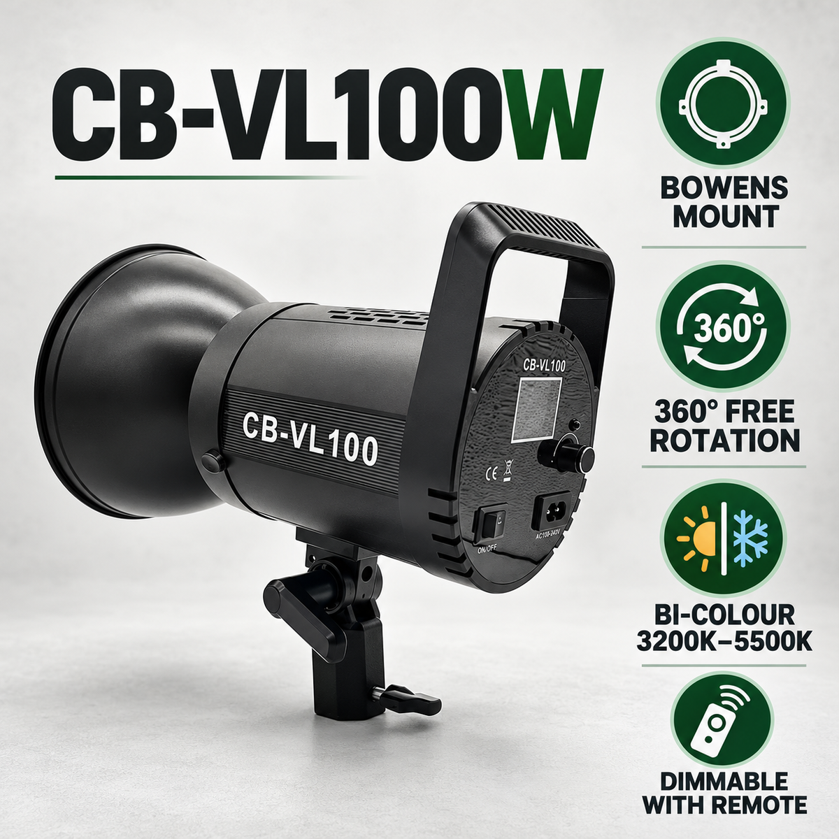 YUGAM CB-VL100W Photo & Video LED Light | Bowens Mount, 360° Free Rotation | Studio Fill Light for Professional Photography | Bi- Colour, 3200K-5500K Dimmable Remote Control - Warm White