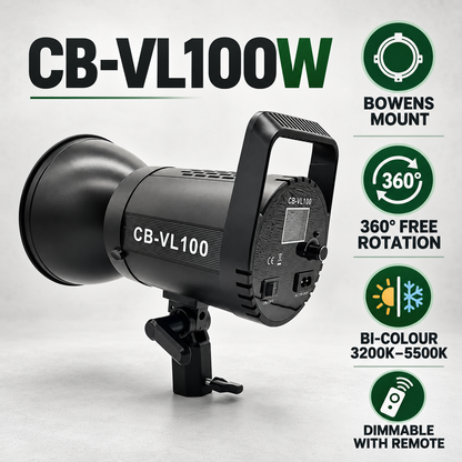 YUGAM CB-VL100W Photo & Video LED Light | Bowens Mount, 360° Free Rotation | Studio Fill Light for Professional Photography | Bi- Colour, 3200K-5500K Dimmable Remote Control - Warm White