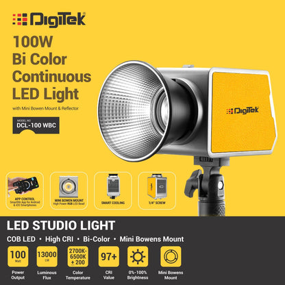 Digitek (DCL-100 WBC) 100W Bi-Color Continuous LED Light with Reflector & Mini Bowen Mount a Unique Modern for Professional Photography Rechargable