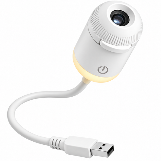 White USB moon projector night light with flexible gooseneck and USB-A plug