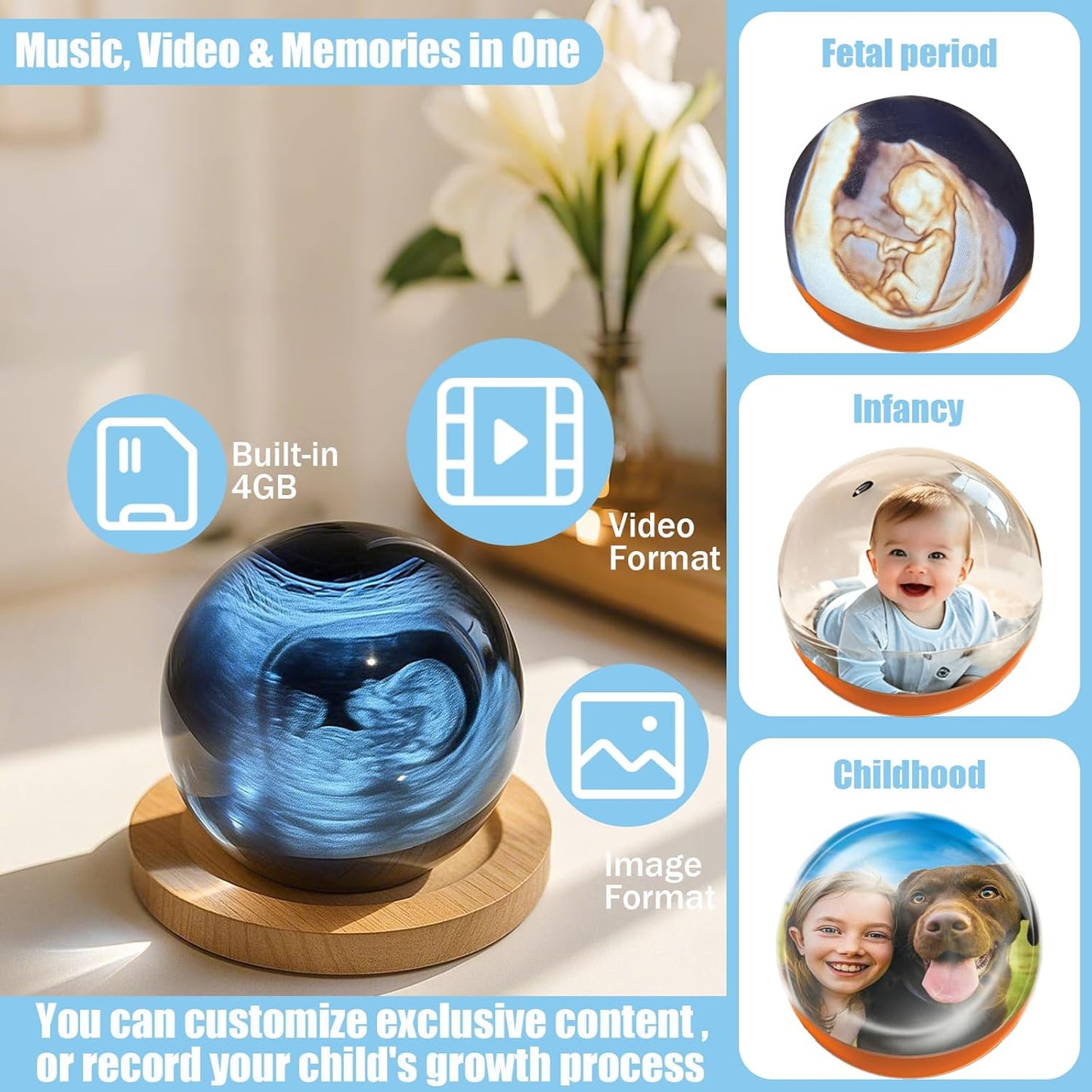 Sphere 3D ultrasound Crystal Ball Video Player, Gift Screen for Couples,Pets, Memories (pre-book)